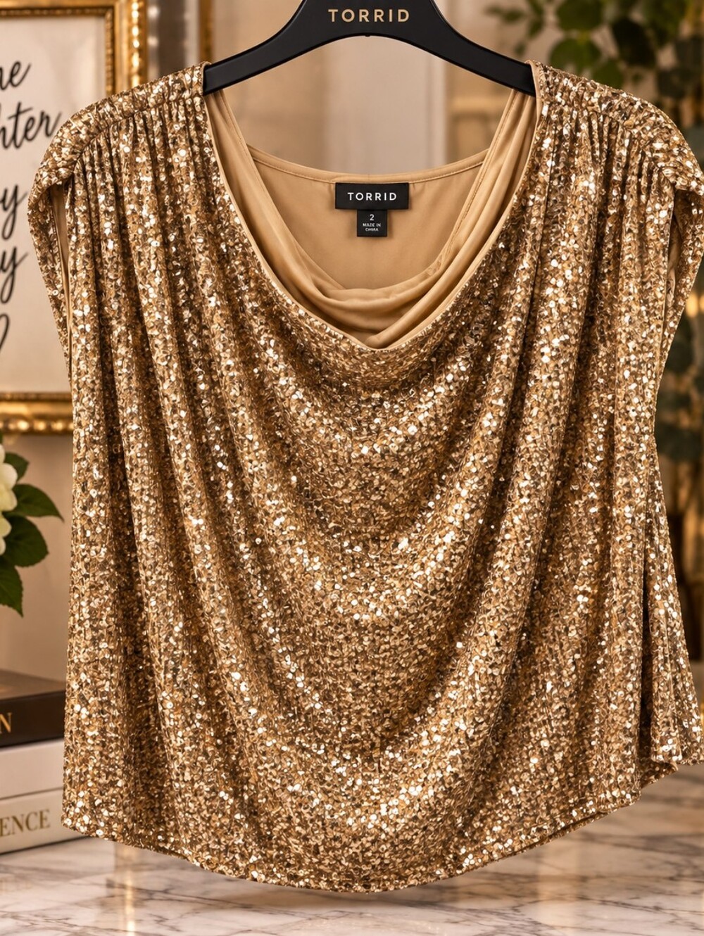 Torrid Gold Sequin Draped Cowl Neck Top Size 2